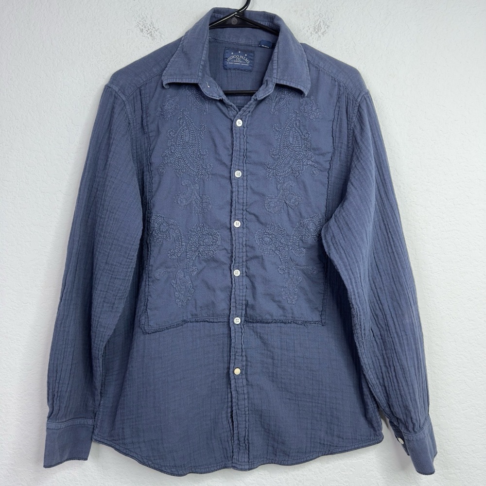 Indigo Palms by Tommy Bahama Shirt Mens‎ M Blue Gauzy Embroidered Western Cowboy